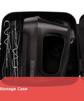 Six Speed Easy Storage Hand Mixer With Five Attachments And Case in open case, showing black mixer and metallic attachments