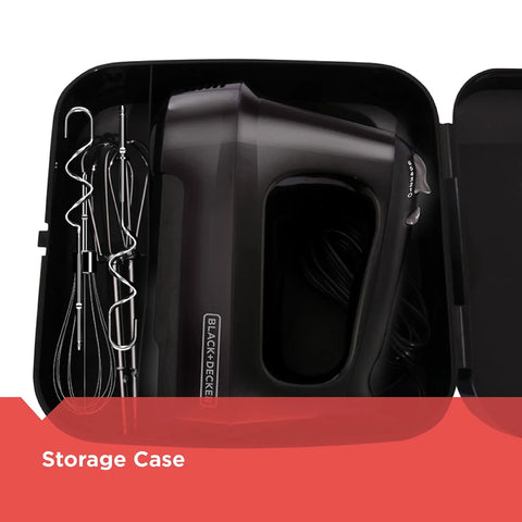 Six Speed Easy Storage Hand Mixer With Five Attachments And Case in open case, showing black mixer and metallic attachments
