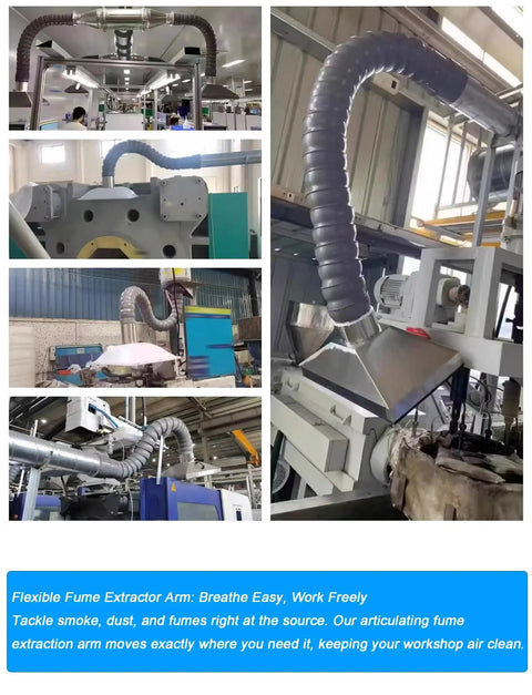 Adjustable Fume Extraction Arm With Detachable Stainless Steel Hood For Welding Soldering Electronics Workshops viewed from above, showing flexible ducting.
