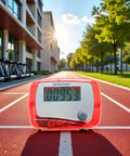 Red Portable Mini Digital LCD Pedometer That Tracks Steps Distance Calories Burned Exercise Time And Daily Target With Accurate Sensor Tech For Walking Running And Fitness On The Go on track