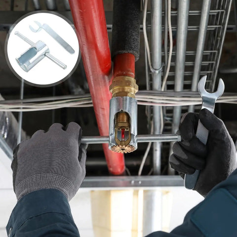 Heavy Duty Pro Fire Sprinkler Head Removal Wrench Two Piece Kit Steel Installation Tool for concealed valve maintenance.
