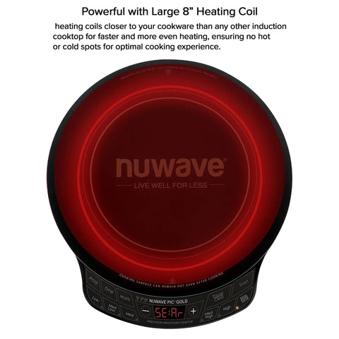 Portable Induction Cooktop With Shatter Proof Ceramic Glass Surface glowing red with large 8 Inch Heating Coil