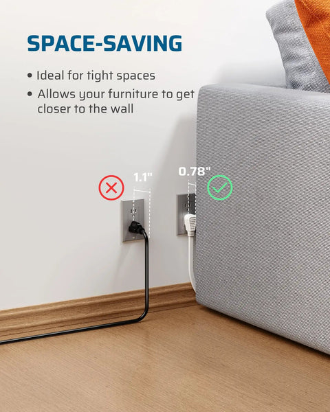 Three Outlet Extension Cord With Flat Plug For Indoor Use Three Foot Length Sixteen Gauge Three Conductor Grounded Power Cable SPT Three Cord White ETL Listed Two Pack No Fuss Setup