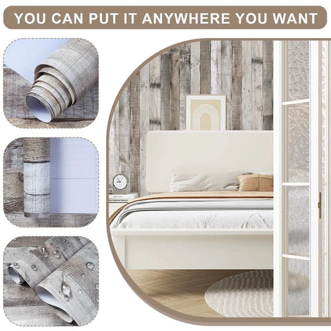 Wood Peel And Stick Wallpaper With Faux Distressed Plank Look Self Adhesive Vinyl Film installed in bedroom setting