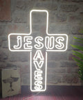 Jesus Saves Neon Sign Cross LED Light 3D Art Wall Decor 20x14 In Lit Night Glow For Church Home Window Memorial Gift