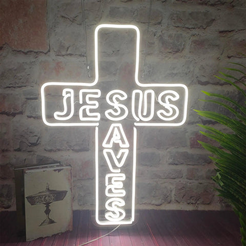 Jesus Saves Neon Sign Cross LED Light 3D Art Wall Decor 20x14 In Lit Night Glow For Church Home Window Memorial Gift
