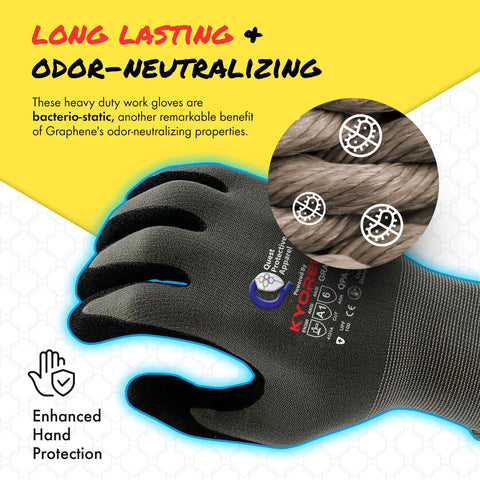 Lightweight Graphene Cut Resistant Work Gloves ANSI A1 for gardening, DIY, mechanical and general handling, highlighted bacterio-static design.