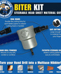 Biter kit drill mounted dual head nibbler attachment with steerable heads for precision sheet metal cuts, packaging details.