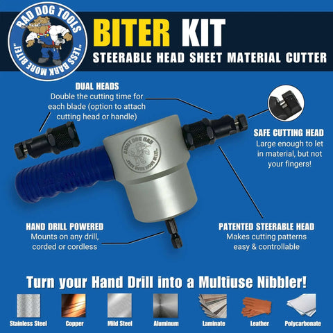 Biter kit drill mounted dual head nibbler attachment with steerable heads for precision sheet metal cuts, packaging details.