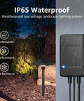 All-In-One LED Low Voltage Landscape Lighting Kit with rain-resistant path light and weatherproof transformer under rainfall