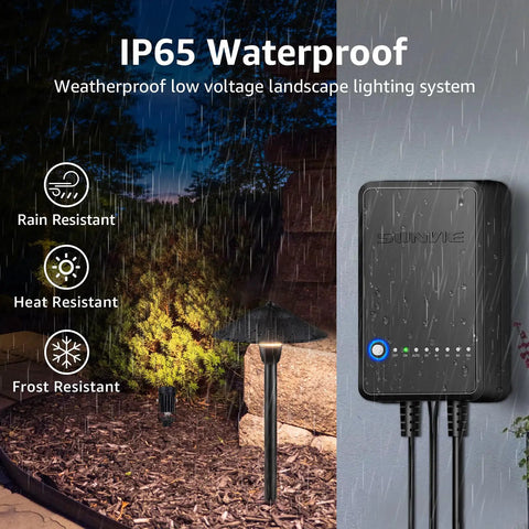 All-In-One LED Low Voltage Landscape Lighting Kit with rain-resistant path light and weatherproof transformer under rainfall