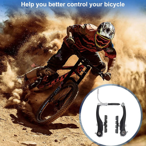 Cyclist in action with dirt trails and inset showing 70mm Universal V Brake Pads Set For Mountain And Road Bikes, Quiet Braking.