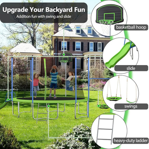 12 Foot Trampoline With Slide And Swings Outdoor Play Set With Basketball Hoop Ladder LED Lights And Net Enclosure For Kids And Adults