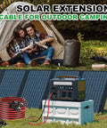 30 Ft 10AWG Solar Extension Cable With Tin Coated Copper PV Wire And Waterproof Male And Female Connectors For Home Boat And RV Solar Panel Systems Today used for camping with tent, solar panel, and generator in the background.