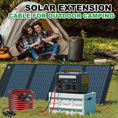 30 Ft 10AWG Solar Extension Cable With Tin Coated Copper PV Wire And Waterproof Male And Female Connectors For Home Boat And RV Solar Panel Systems Today used for camping with tent, solar panel, and generator in the background.