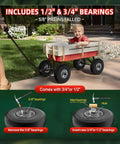 Flat Free Ten Inch Tire And Wheel Replacement for Hand Trucks and Wheelbarrows with 5/8 inch bearings shown on a red wagon.