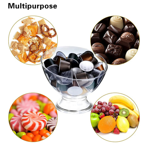 Clear Coffee Pod Holder For K Cups And Vertuo Capsules, bowl holding assorted pods and multi-purpose uses in circles