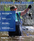 Mytracpro fishing magnet kit with 65 ft nylon rope, 800 lb pull; man in waders holds magnet by river