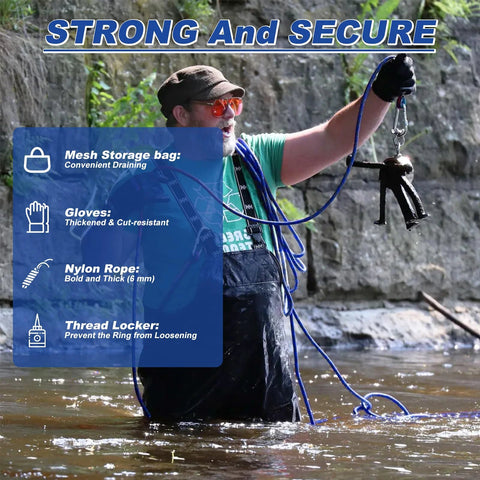 Mytracpro fishing magnet kit with 65 ft nylon rope, 800 lb pull; man in waders holds magnet by river