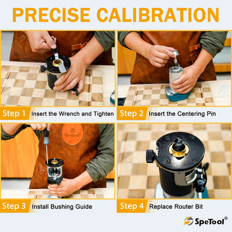 SpeTool 13-piece brass router templates bushing guide set with aluminum case; step-by-step assembly visuals.