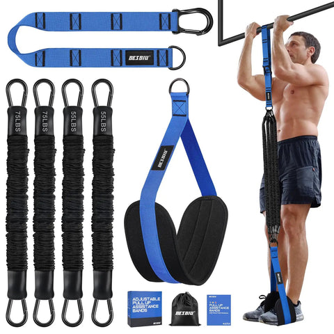 Heavy Duty Pull Up Assistance Bands Set 260lbs Resistance For Pull Ups And Strength Training With Adjustable Nylon Straps Feet Rest Door Mount Ideal For Home Workouts And Bar Attachments.