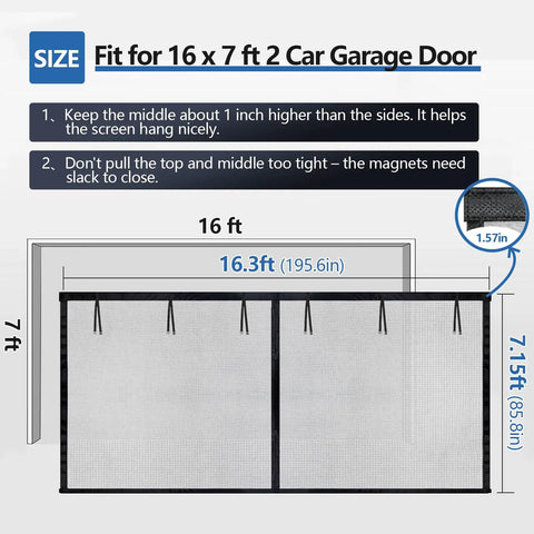 Diagram showing Heavy Duty Garage Door Screen 16 By 7 Feet For A 2 Car Garage With Magnetic Closure installation instructions.