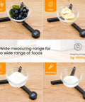 Four images of Folding Digital Kitchen Scale With LCD Display Ultra Portable Grab And Go Food Scale showing food weighing: fruit, cake, flour, seasoning.