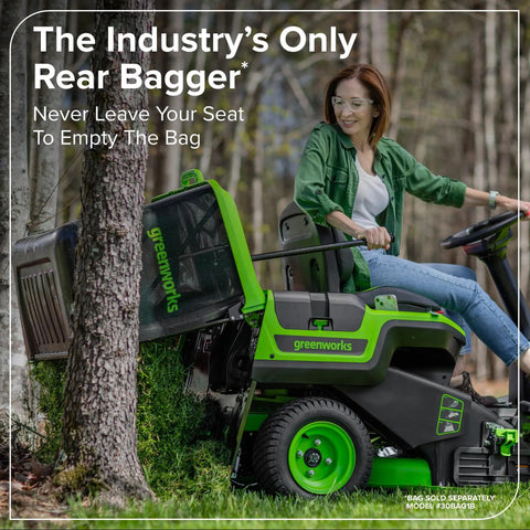 80V 30 Inch Cordless Riding Lawn Tractor With Four 6Ah Batteries And 600W Charger Delivers Gas Like Torque With Zero Emissions For Quiet Low Maintenance Yard Work On Medium Lawns, rear bagger in use