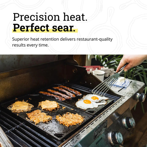 Reversible Cast Iron Grill And Griddle Pan For Two Burners 16.75 By 9.5 Inches Preseasoned PFAS Free Cookware with food cooking
