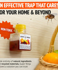 Indoor Fruit Fly Trap Killer Station With Natural Liquid Bait For Kitchen Counters Trash Cans And Pantry Food Fast Acting Pest Control That Works Like A Dream Total Game Changer Four Pack Bundle, clear bottle with bait mounted on wall near fruit basket.