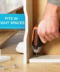 4V Max Cordless Screwdriver With Fast Charge 15 Minute Charge Powers 100 Screws Comes With 1 Inch Assorted Bits used in tight space