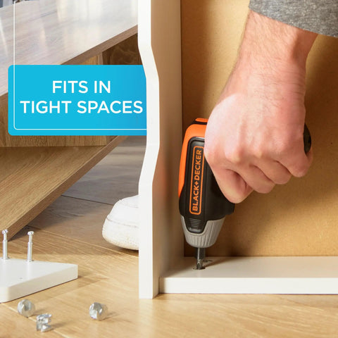 4V Max Cordless Screwdriver With Fast Charge 15 Minute Charge Powers 100 Screws Comes With 1 Inch Assorted Bits used in tight space