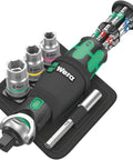 Zyklop Pocket Ratchet Set 2, 18 Piece Go-To Compact Tool Kit With Pivoting Head, tools displayed on black mat