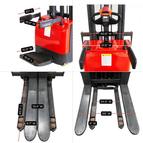 Amazon Full Electric Pallet Stacker, red, 3300 lb capacity, 118 in lift height.