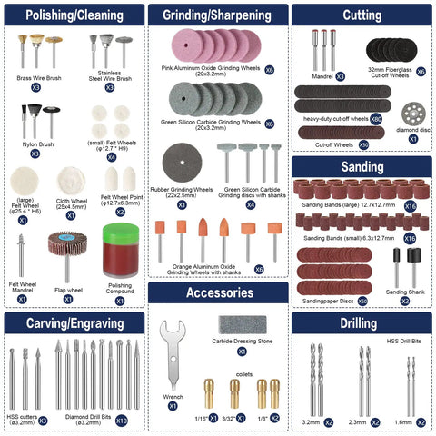 Do It All Rotary Tool Accessories Kit With 282 Pcs And One Eighth Inch Shank Bits for polishing, grinding, cutting, and sanding displayed