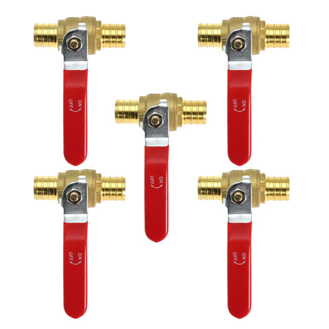 Five Three Quarter Inch Brass Shut Off Ball Valve For PEX Tubing Full Port Water Stop with Red Levers