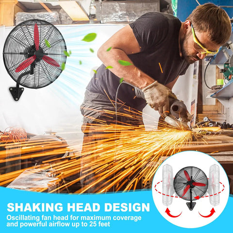 Heavy Duty 22 Inch Wall Mount Oscillating Fan With Rock Solid Three Speed Controls And Badass 7500 CFM Cooling Power Featuring Glossy Red Aluminum Blades, mounted for workspace cooling.