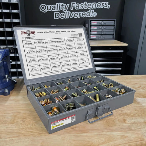 Heavy Duty Grade 8 Flange Bolt And Lock Nut Kit With Yellow Zinc Finish, 420 Piece Organizer Tray on workshop table.
