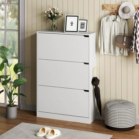White Freestanding Shoe Cabinet With Three Flip Drawers For Entryway And Hallway Hidden Storage Large Capacity Shoe Organizer in living room