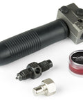 Titan 51535 3/16-inch double flaring tool with black ribbed handle and metal head, plus adapters and red lubricant jar.