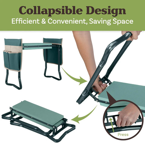 2 In 1 Garden Kneeler And Seat Foldable With Removable Tool Pockets showing collapsible design and ergonomic kneeling pad.