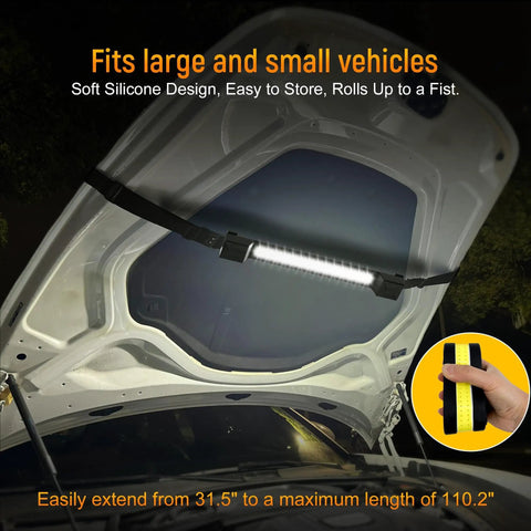 Underhood Work Light With 2600 Lumen Brightness And 5000mAh Rechargeable Battery installed on car hood with magnetic strip
