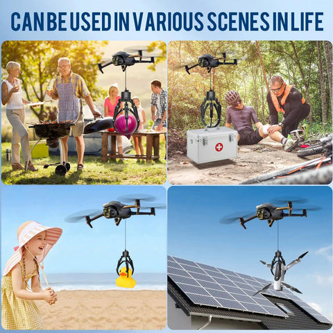 Upgrade Your Drone Game With This Awesome Universal Claw Grabber for DJI Drones Smart Manipulator Tool Easy Insta Mount For Mavic Mini Air Drop Airdrop Accessory in action across various outdoor scenes.