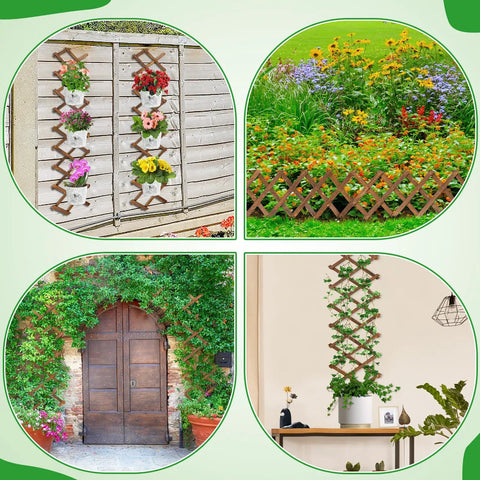 Expandable Wood Wall Trellis for Climbing Plants Outdoor 2-Pack Adjustable Lattice Panels installed in garden settings with plants.