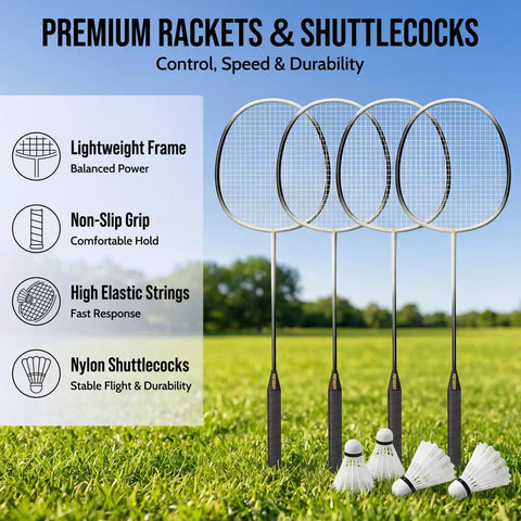 Backyard Badminton Set With Pro Grade Net, 4 Rackets, Shuttlecocks And Carrying Bag In Yellow For Durable Outdoor Play