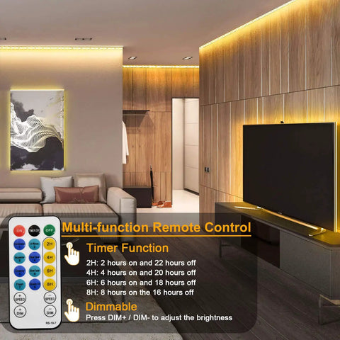 Living room with Battery Operated LED Strip Lights 16.5 Ft With 150 LEDs 2835 SMD Remote Control Warm White 2700K decor