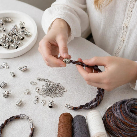 Person using All In One Tibetan Style Cord End Caps Kit 112 Pcs With Silver End Caps Lobster Claps Jump Rings for jewelry