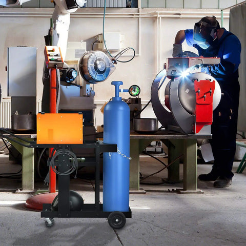 3 Tier Rolling Welding Cart For Mig Tig Arc Plasma Cutter Machines with 180 lb capacity in a workshop setting.