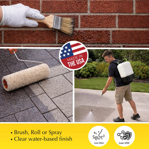 No Sweat Exterior Concrete Sealer Clear Natural Finish One Gallon used with brush and roller for outdoor masonry protection.