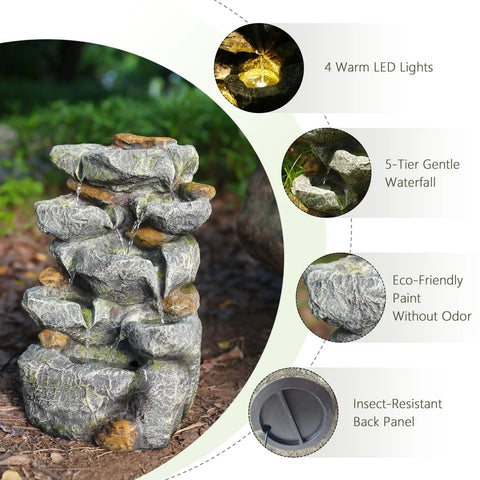 Solar Water Fountain Outdoor Garden 19.3 Inch Cascading Stone Design Five Tier Rock Feature Waterfalls With LED Lights